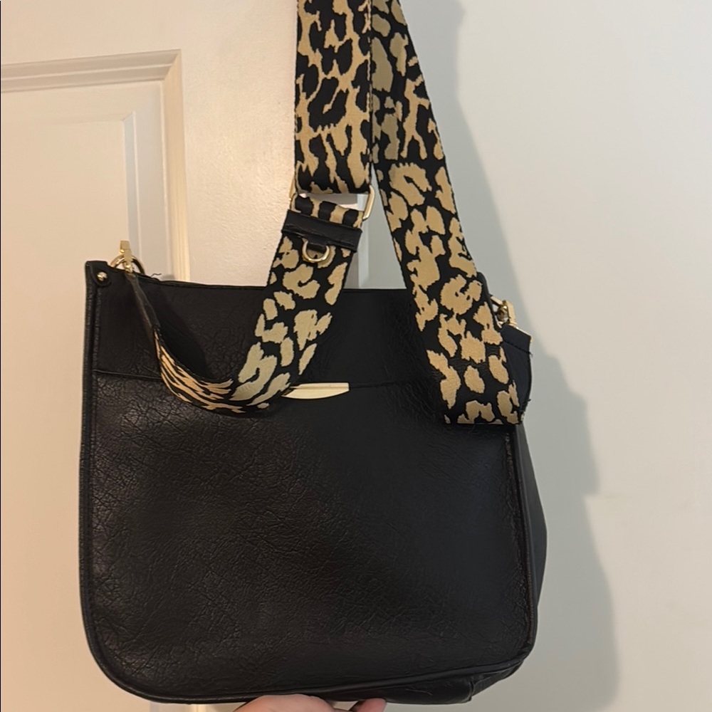 NWoT Stylish Black Leather Bag with Leopard Adjustable Strap